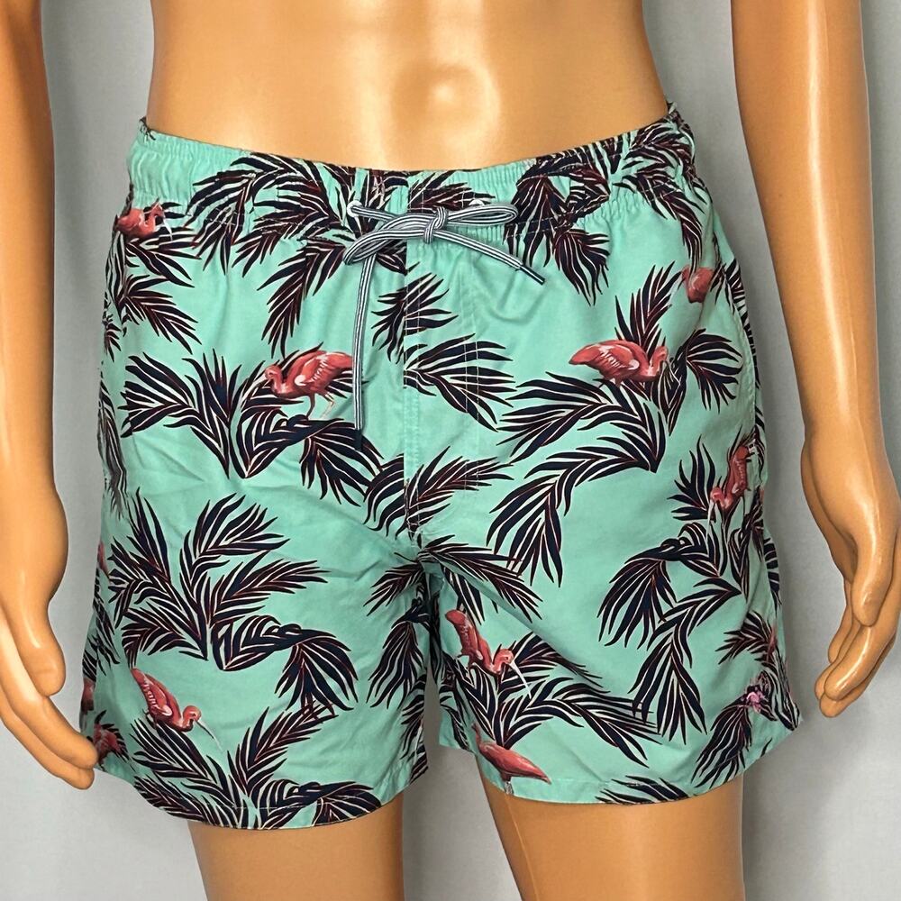 Ted Baker Men’s Size 2 Tropical Ibis Palm Print Swim Trunks Aqua Blue